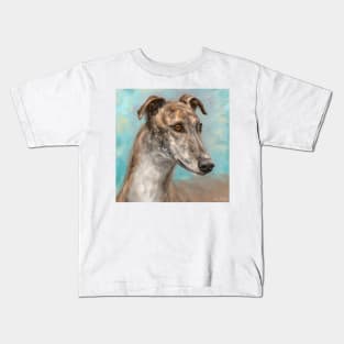 Painting of a Brown Greyhound on Bluish Background Kids T-Shirt